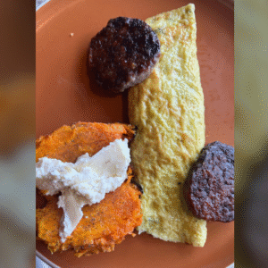 Sweet potato omelette vegetable omelette, choice between turkey, sausage, or pork