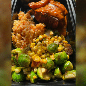 Lamb shank with rice and brussels sprouts and corn succotash