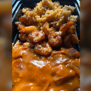 Brown shrimp, red curry rice meal.