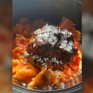 6 ounce Italian, meatball with bowtie, marinara, and parmesan