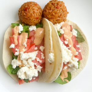 Salmon tacos with Mexican rice